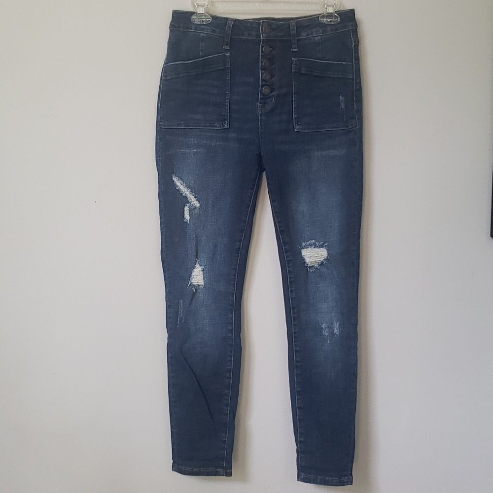 Judy Blue Jeans Womens 9/29 Stretch Boyfriend Denim Blue Distressed Button Fly